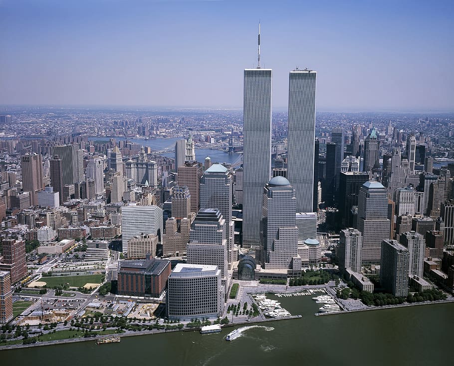 aerial, view, high, rise buildings, world trade center, wtc, new york city, twin towers, city, architecture