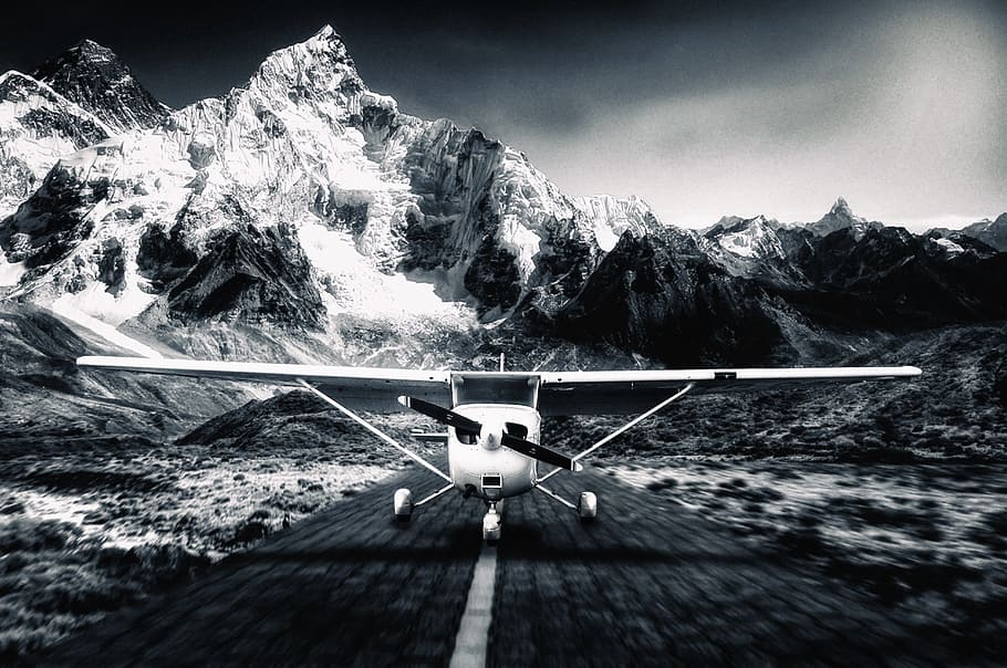grayscale photography, monoplane, aircraft, plane, small plane, flight, air show, airstrip, montañanas, photoshop