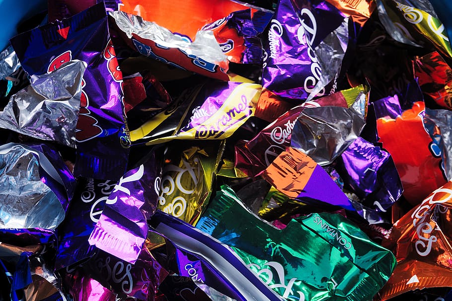 wrappers, sweet, chocolate, mixed, colour, colourful, empty, texture, purple, large group of objects
