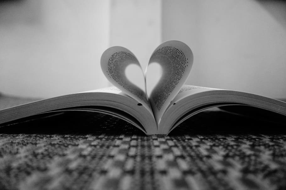 opened, book grayscale photography, love-shape, heart shape, love book, love pages, book, love, heart, black and white