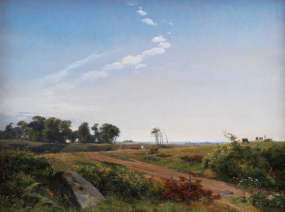 Johan Lundbye, Paisaje, Arte, Artístico, pintura, óleo sobre lienzo, cielo, nubes, árboles, escénico