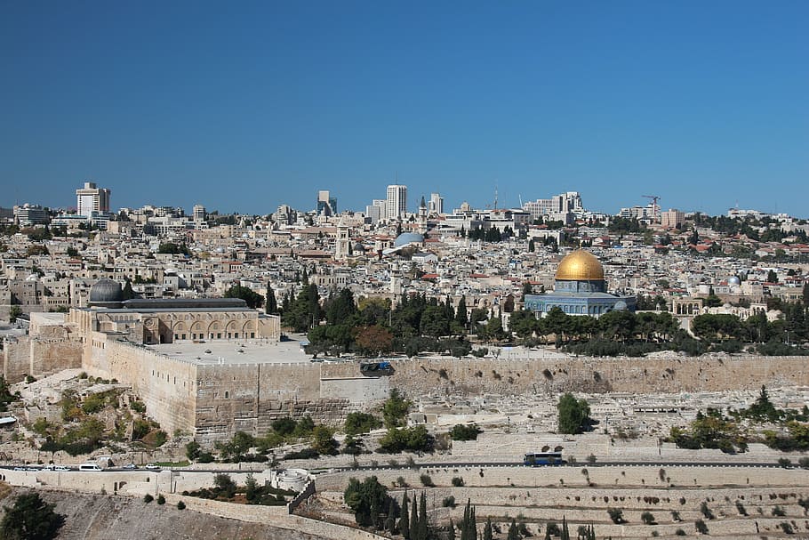 biru, coklat, masjid, jerusalem, kota tua, tembok kota, kubah batu, dinding barat, gunung candi, kota suci
