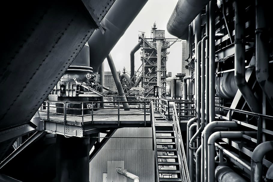 grayscale photo, factory, architecture, steel mill, factory building, old, industry, industrial architecture, leave, steel production
