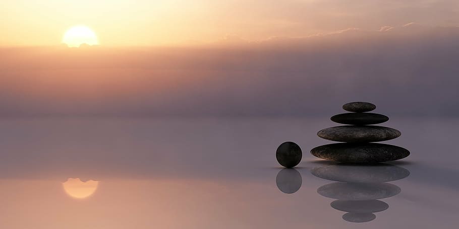 stone fragment, daytime, balance, meditation, meditate, silent, rest, sky, sun, clouds