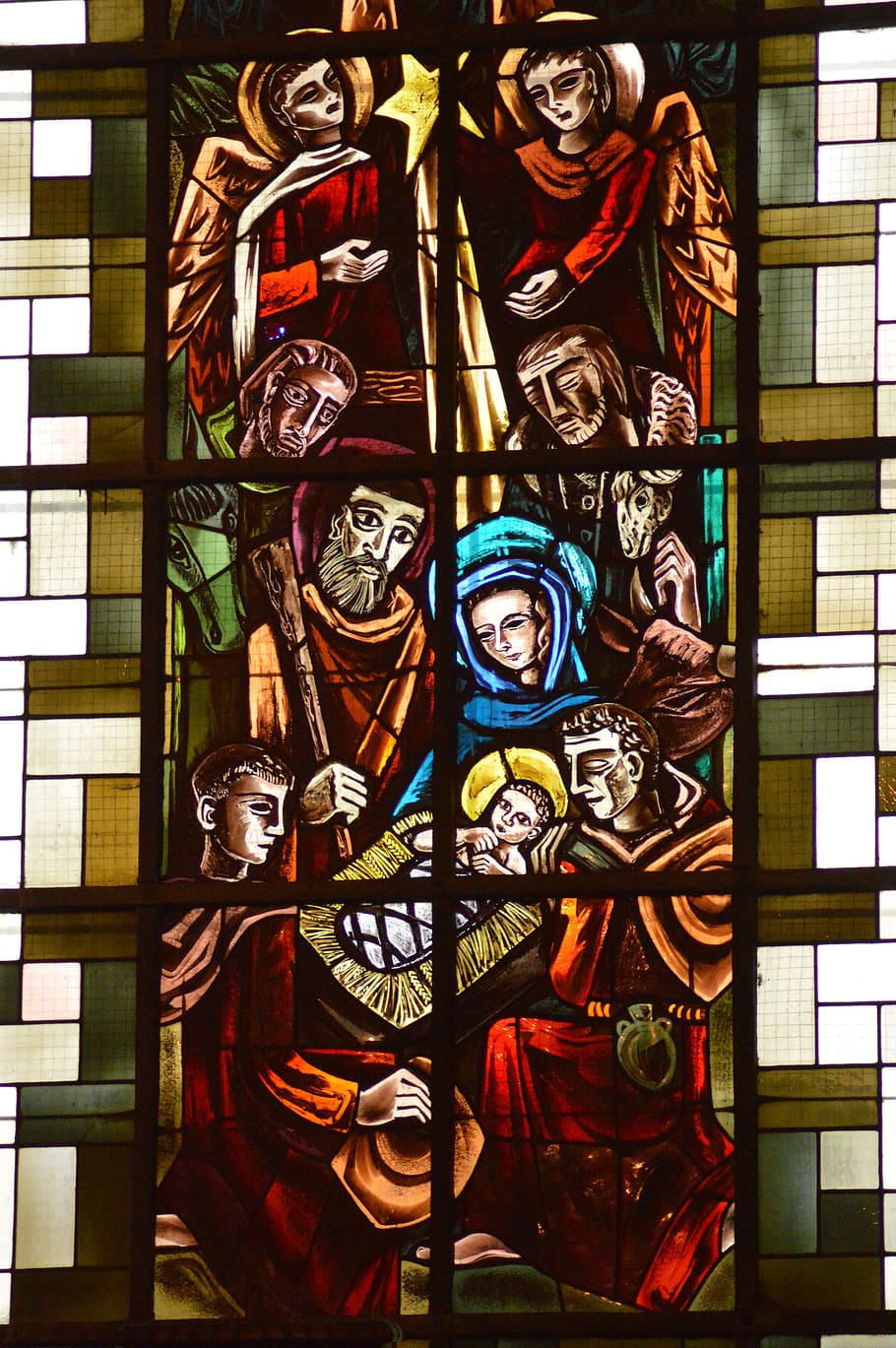 stained glass, window, church, colorful, nativity, christmas, birth, jesus, mary, joseph