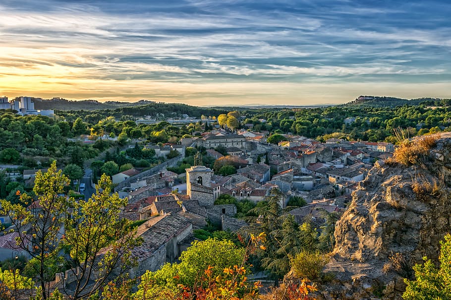 aerial, view photography, town, landscape, france, provence, orgone, mediterranean, bowever, evening