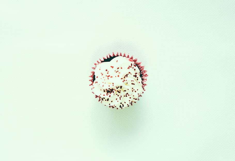 cupcake, sprinkles, placed, white, surface, dessert, appetizer, food, presentation, icing