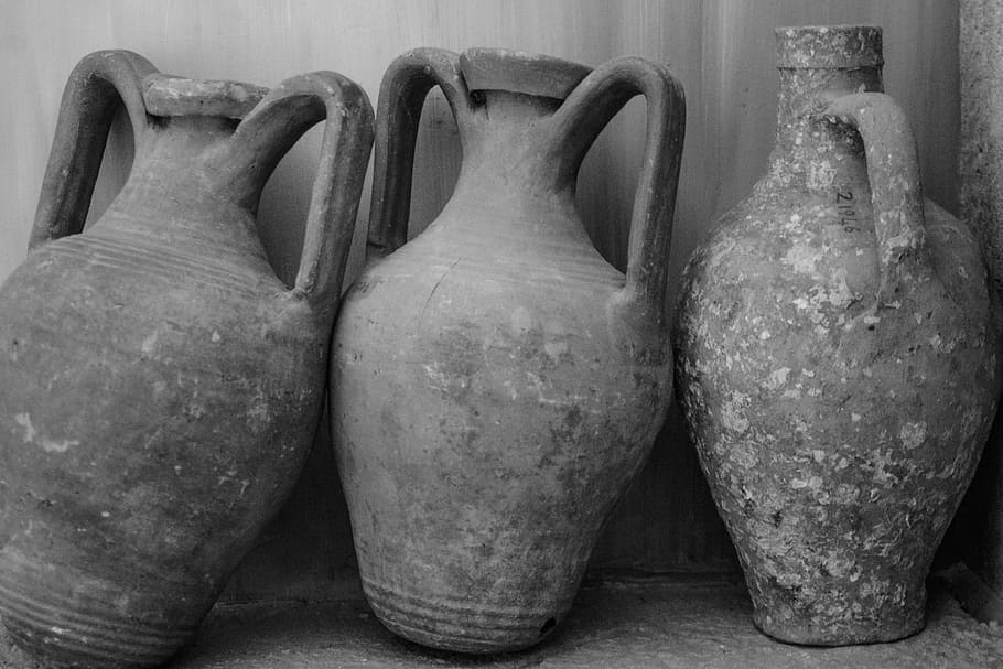 jugs, ancient times, history, art, indoors, close-up, still life, in a row, ceramics, pottery