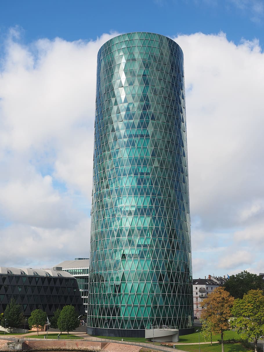 ウエストポートタワー, 超高層ビル, gutleutviertel, フランクフルトアムメインドイツ, シュナイダーとシューマッハ, ガラス, ガラスのファサード, モダン, ファサード, 建物