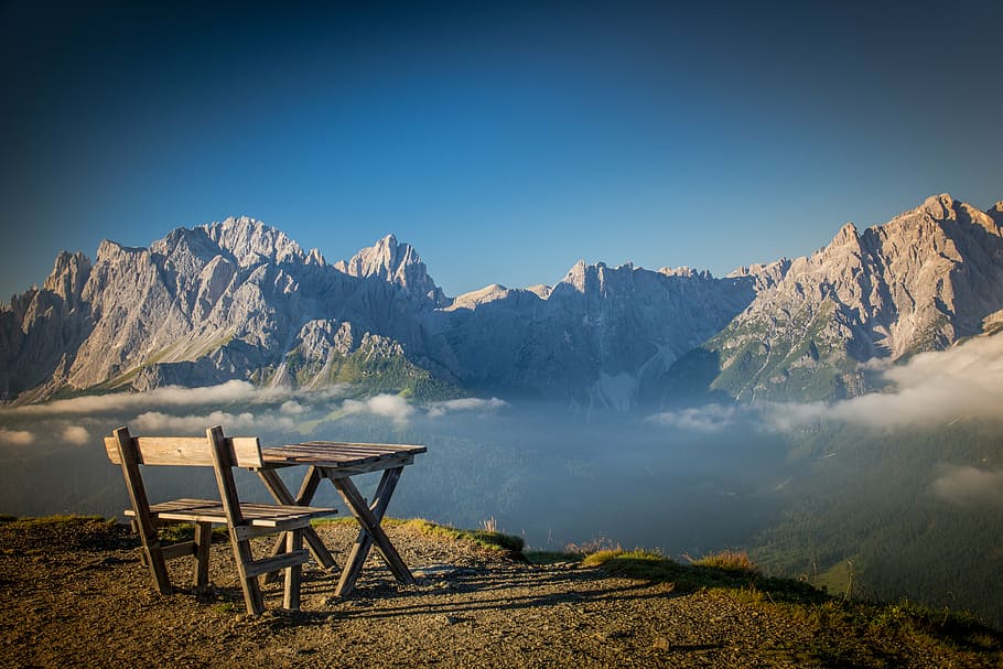 gray, wooden, table, bench, brown, soil, favorite place, fog, bank, rest