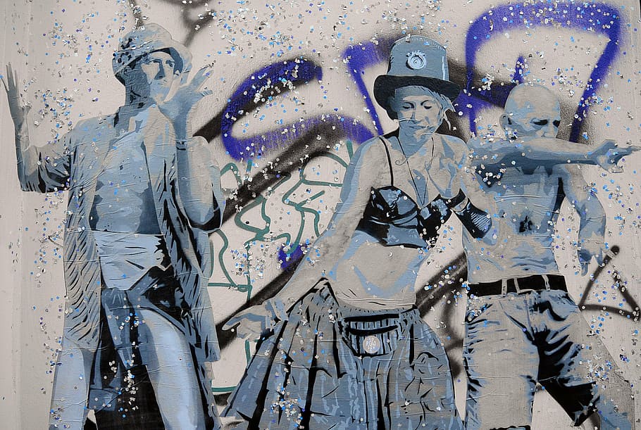 mulher dançando, dois, ilustração de homens, grafite, arte de rua, arte urbana, mural, pulverizador, parede, parede de graffiti
