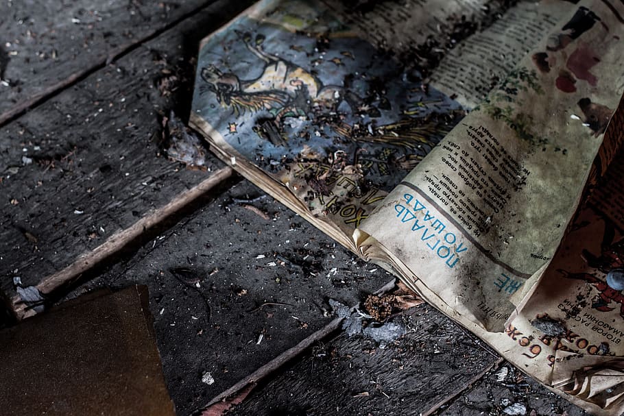 wooden, floor, old, book, read, outdoor, high angle view, text, abandoned, still life