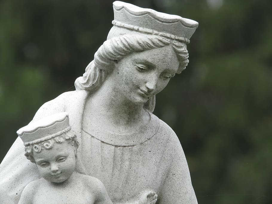 woman, carrying, baby statuette, statue, virgin mary, religious, religion, madonna, catholic, christian