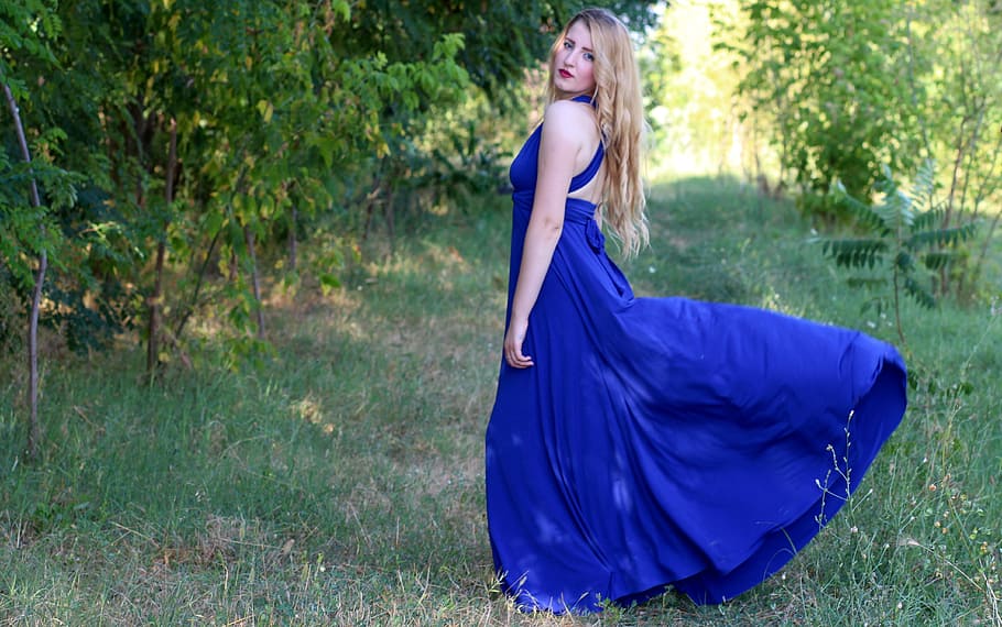 woman, wearing, blue, halterneck sleeveless maxi dress, outdoors, girl, dress, blonde, beauty, one person
