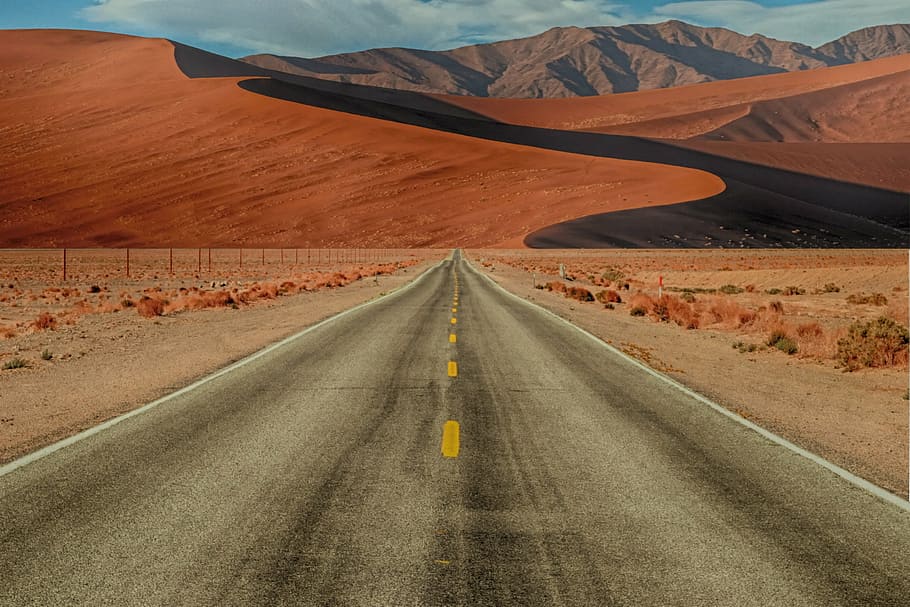 gray, asphalt road, desert, path, wilderness, dune, mountains, straight road, desert road, hot