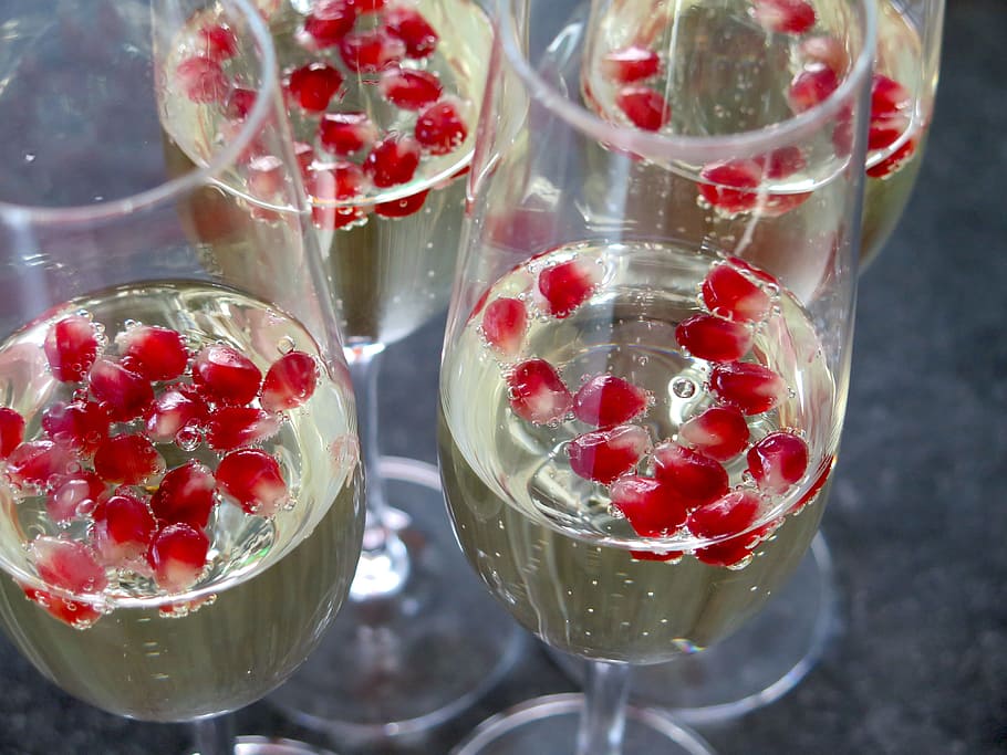 four, filled, champagne glasses, champagne, aperitif, alcohol, perly, prosecco, drink, pomegranate