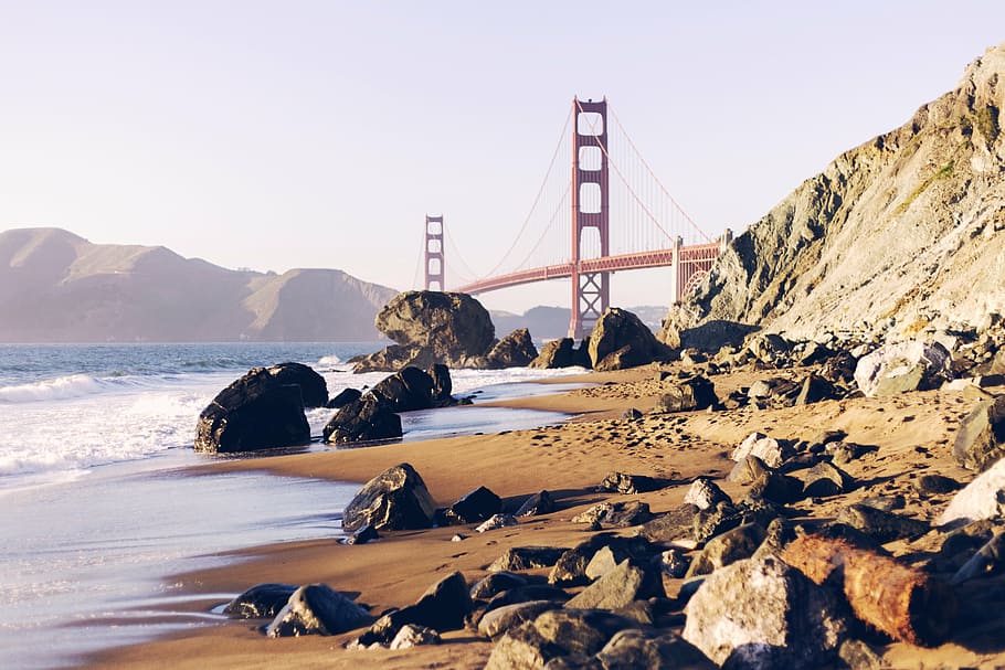 Золотистый, Воротный мост, Сан-Франциско, море, берег, день, время, океан, Синий, воды