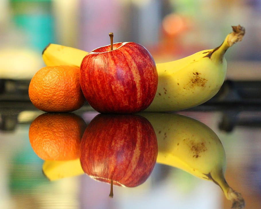 fruit, apple, orange, banana, fresh, healthy, eating, nutrition, reflection, food and drink