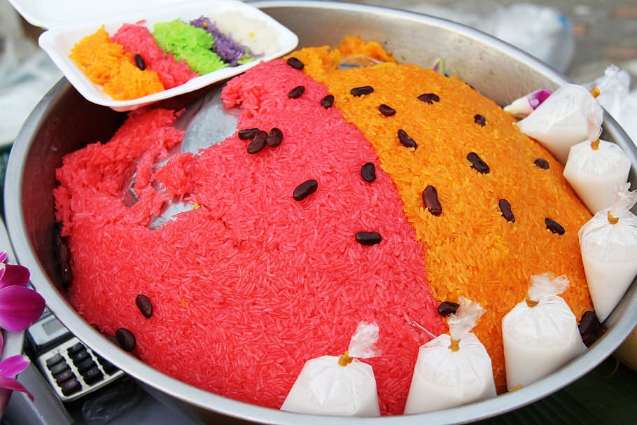 cooked, rice, silver basin, food, sticky rice, colorful, coconut, red, orange, green