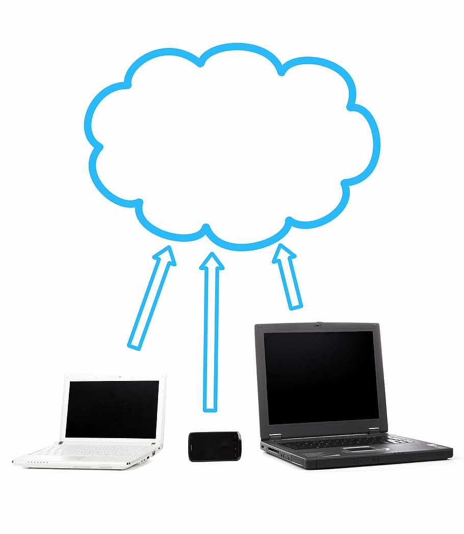 two, white, black, laptop computer, turned, black and white, laptop computers, business, client, cloud