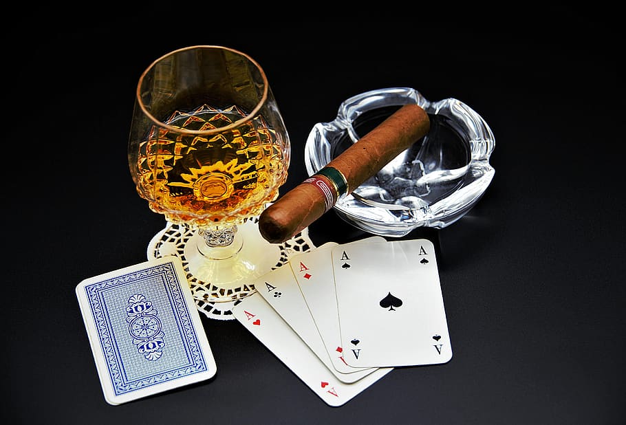 playing cards, cognac, cigar, poker, mr evening, aces, drink, black background, studio shot, indoors