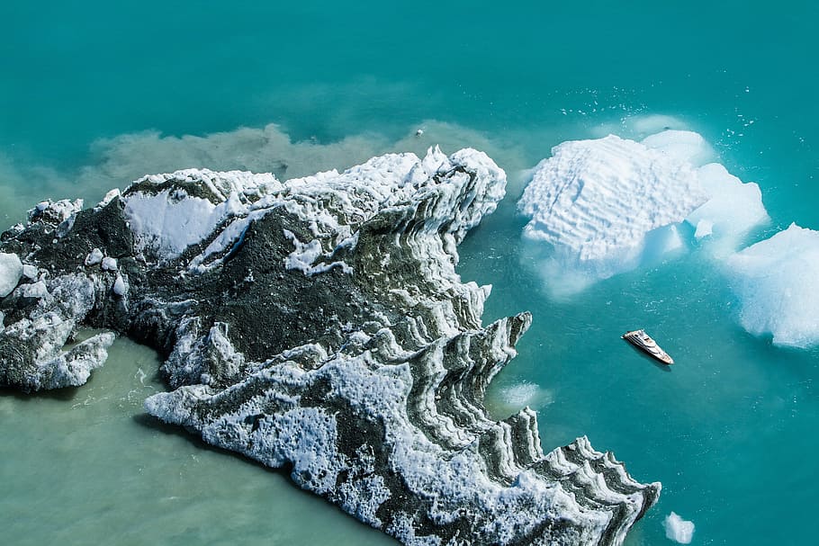 ice berg, sea, aerial, drone, water, yacht, ocean, cliffs, shore, coast
