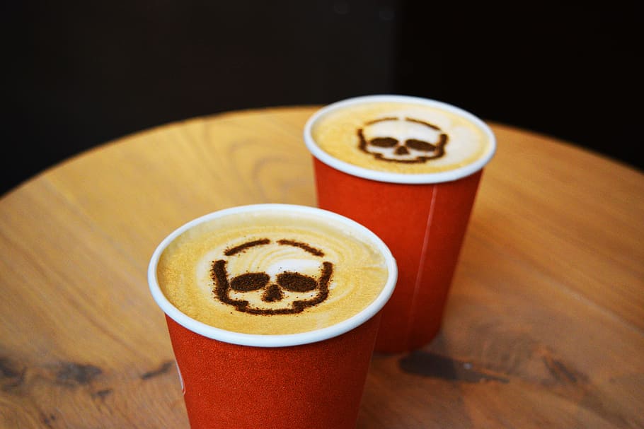 cup, espresso coffee, skull, coffee art, halloween coffee, takeaway, autumn, design, party, scary