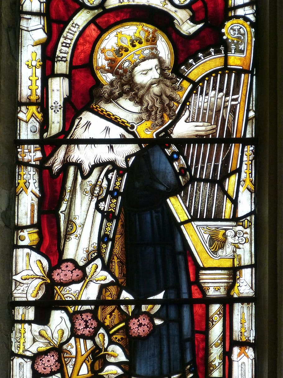 man playing harp, window, church window, church, glass, color, stained glass, religion, faith, david