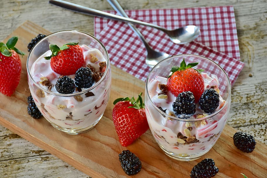 two, fruit salad, clear, glasses, spoons, strawberry dessert, strawberries, blackberries, dessert, yogurt