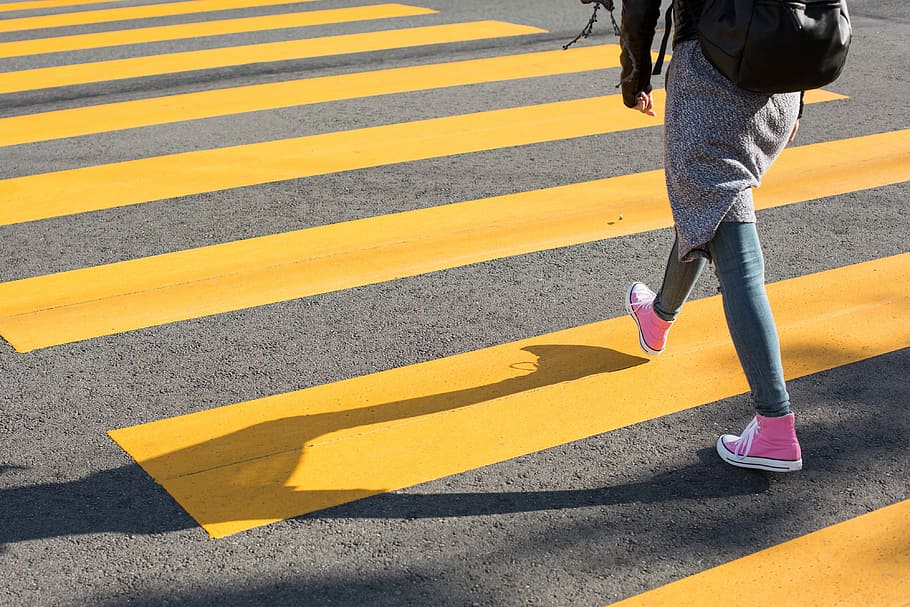 Girl, Crossing, Street, Yellow, Crosswalk, alone, danger, pedestrian crossing, pink, pink shoes