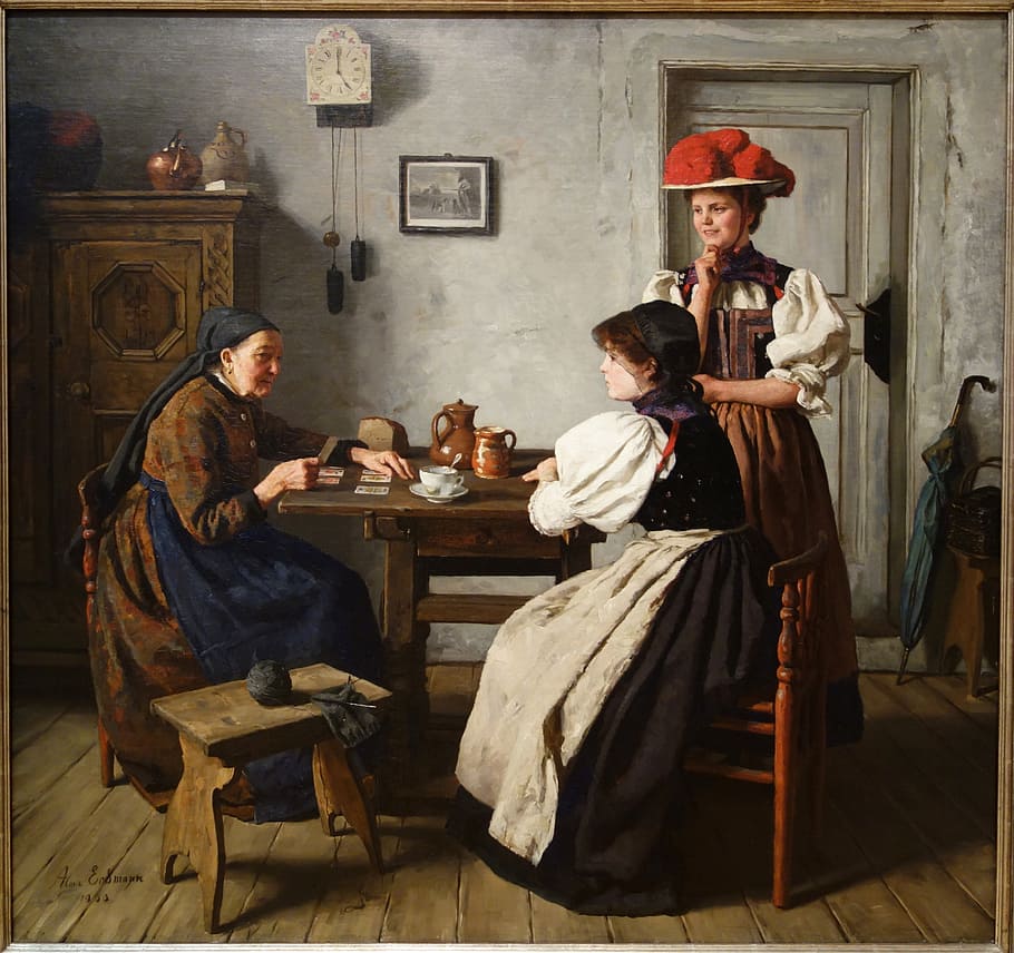 three, woman, talking, at the fortune teller's, alma erdmann, canvas, oil, artwork, exhibit, chazen