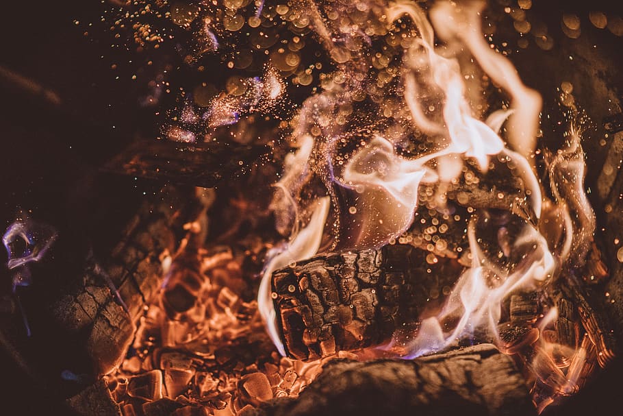 fire, flame, light, firewood, charcoal, ash, heat, bonfire, campfire, one person