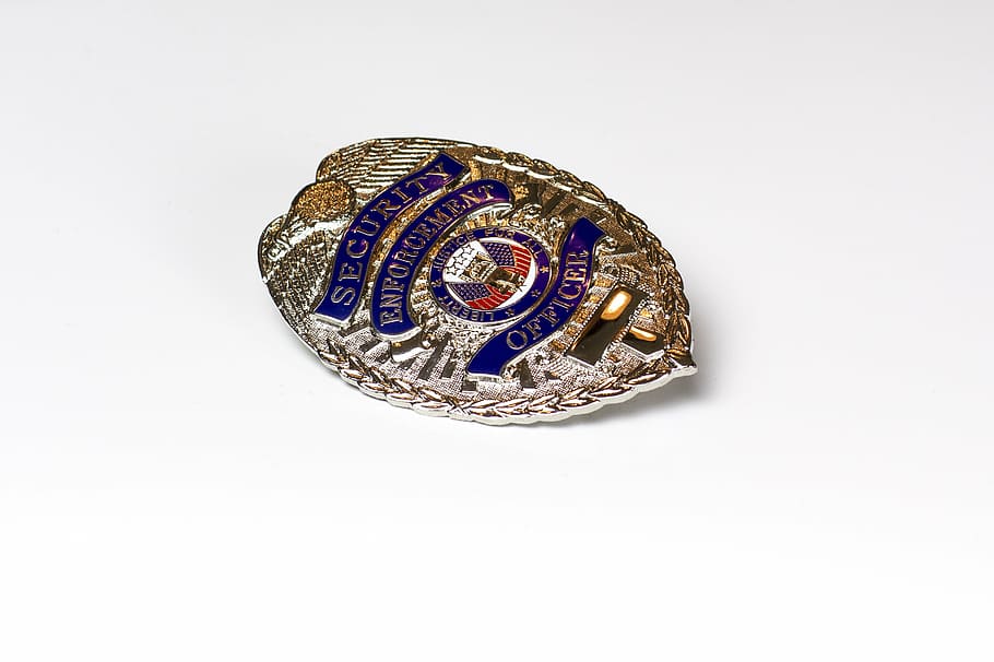 silver, blue, security badge, badge, cop, security, pin, law, symbol, policeman
