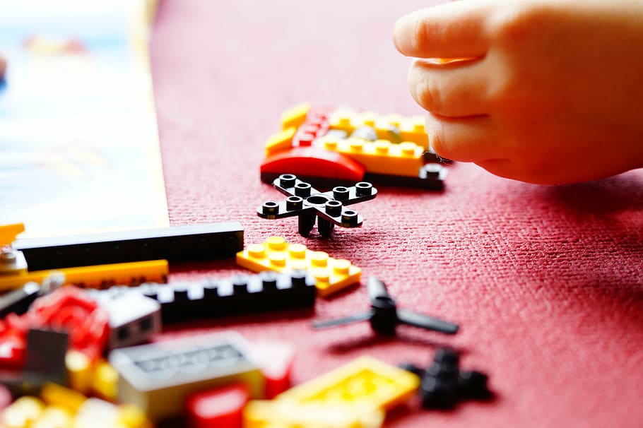 closeup, interlocking, toy, lego, build, building blocks, toys, children, hand, play