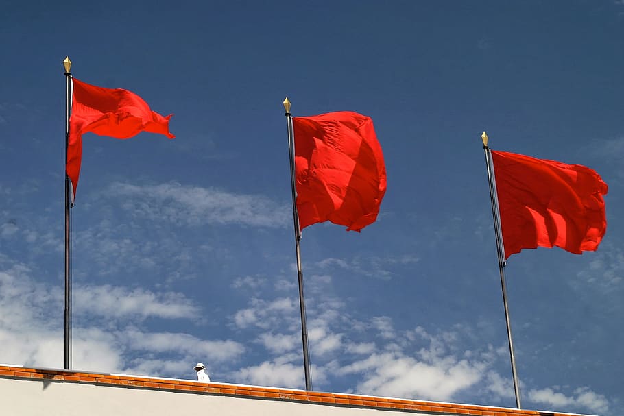 merah, bendera, sosialisme, tiang bendera, mengibarkan, meniup, cina, patriotisme, langit, tampilan sudut rendah