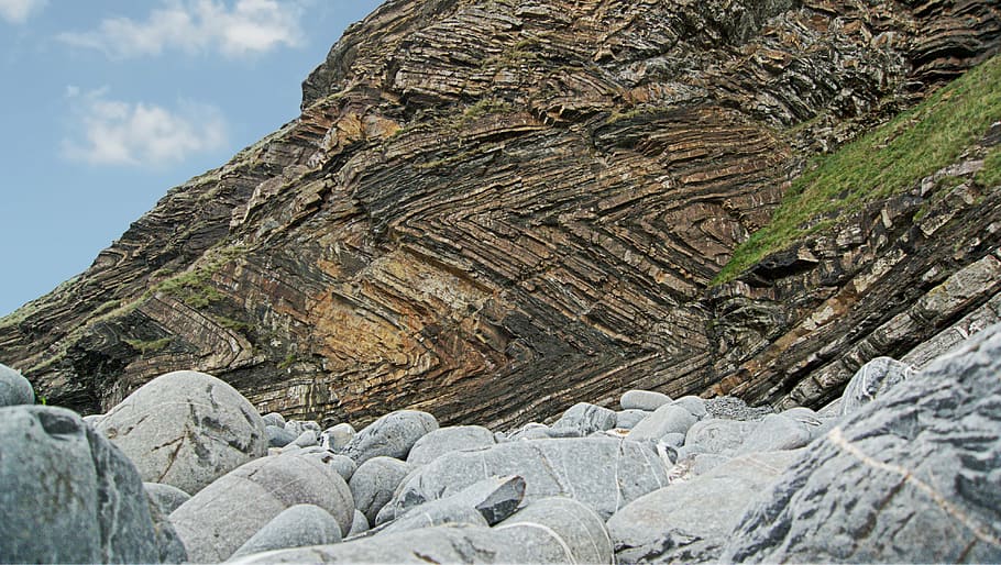 fotografia de close-up, rochas, dia, estratos, dobrado, rocha, sedimentar, geologia, penhasco, pedra