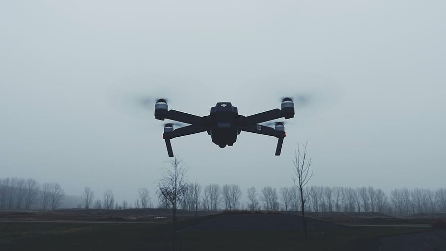 terbang drone hitam, pohon, tanaman, lapangan, pertanian, awan, langit, kamera, fotografi, drone