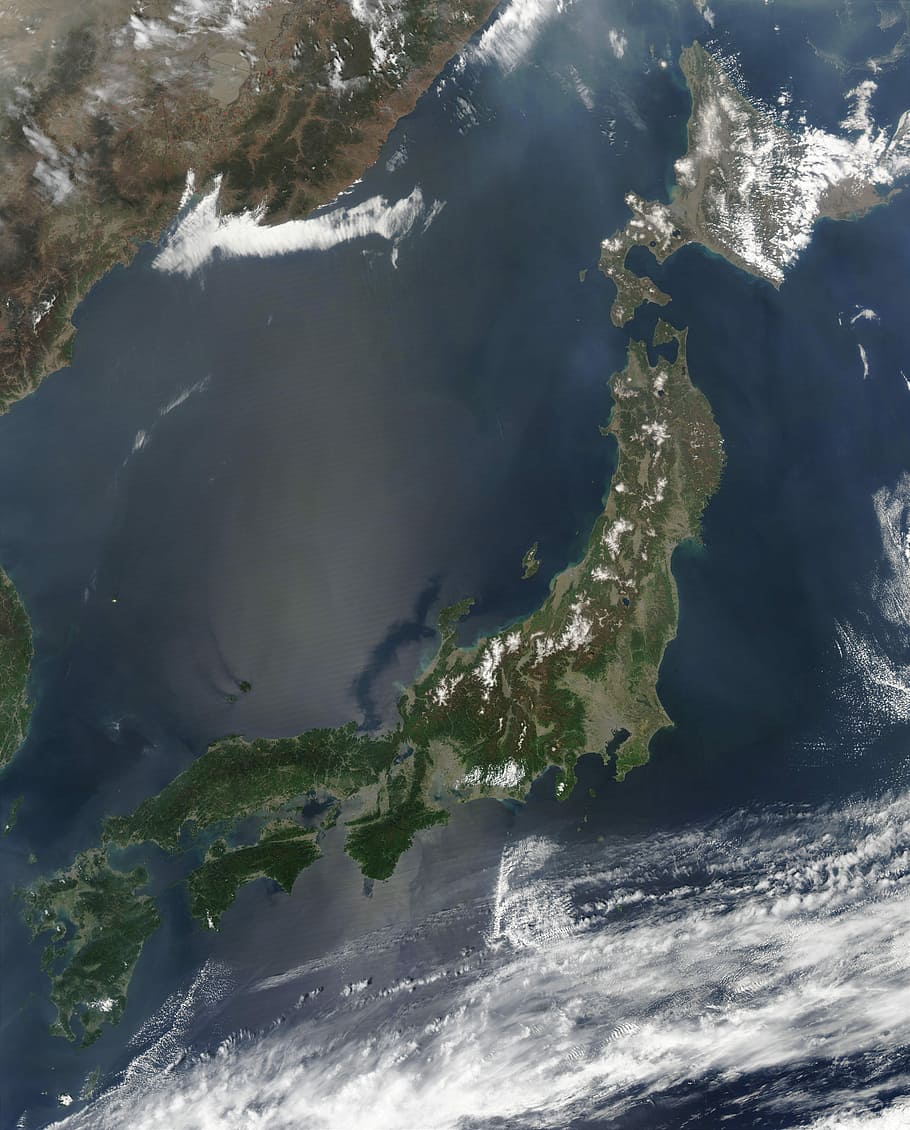 Satellite Image, Japan, geography, island, nasa, public domain, space, topography, nature, sea