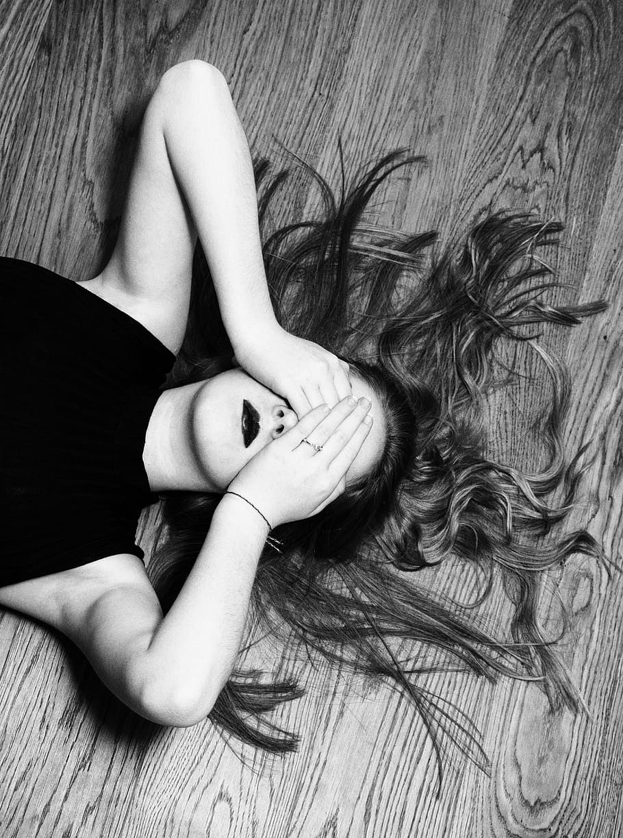 grayscale photography, woman, laying, wooden, floor, grayscale, photography, wooden floor, to keep eyes, blind