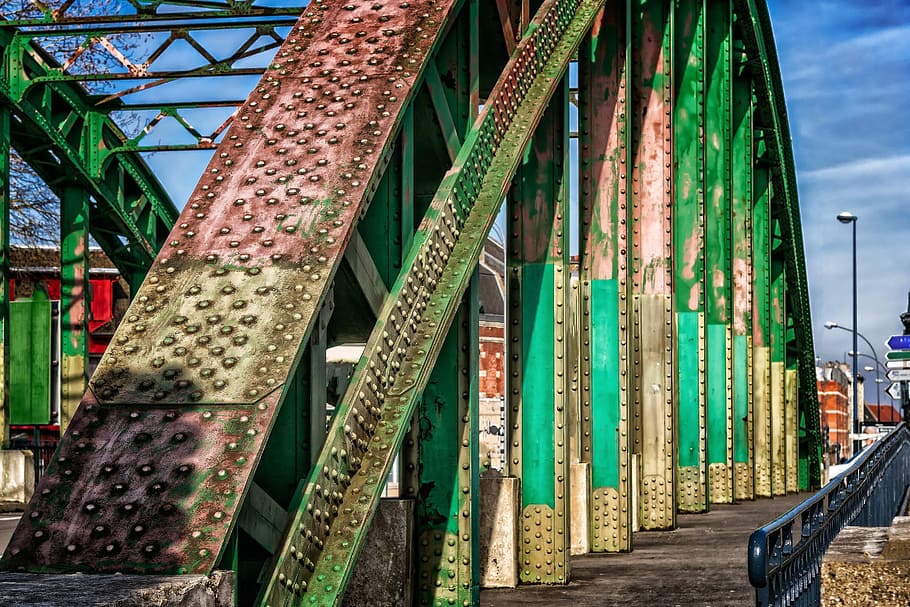 cinza, verde, trilho de ponte de metal, ponte, arco, ferro, arquitetura, ponte ferroviária, construção, conexão