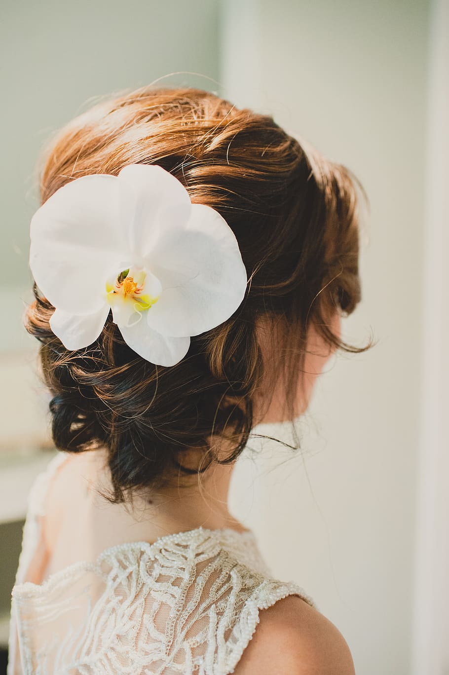 mujer, vistiendo, blanco, encaje, top, tocado de orquídea de la polilla, el hermoso cabello, boda, cabello, joven