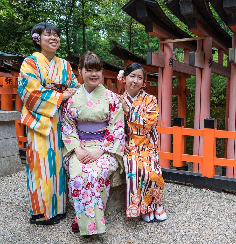 three, woman, wearing, kimono, dress, japan, women, person, people, japanese