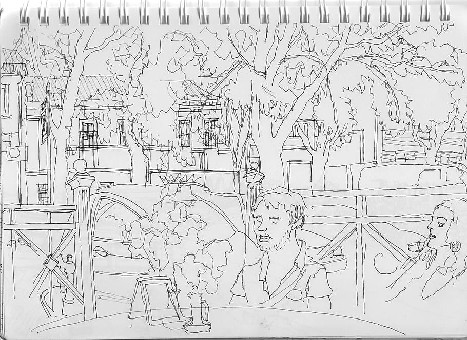 cafe, company, neighbors, park, street, table, trees, graphic, sketch, drawing