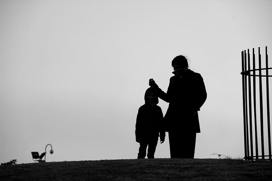 mother, child, silhouette, family, childhood, boy, girl, outdoors, standing, happy