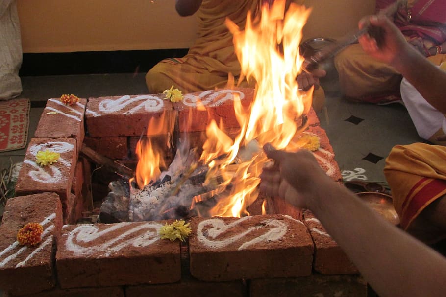 performing rituals, dharwad, india, fire, glow, orange, heat, burning, hot, outdoor