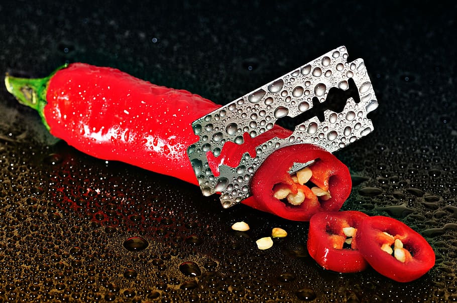 blade, cut, chilli, pepperoni, red, sharp, knife, razor blade, wet, food