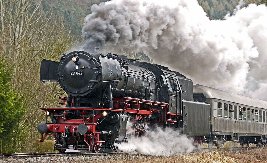 moving, black, locomotive train, covered, thick, smoke, full steam, steam locomotive, acceleration, chimney