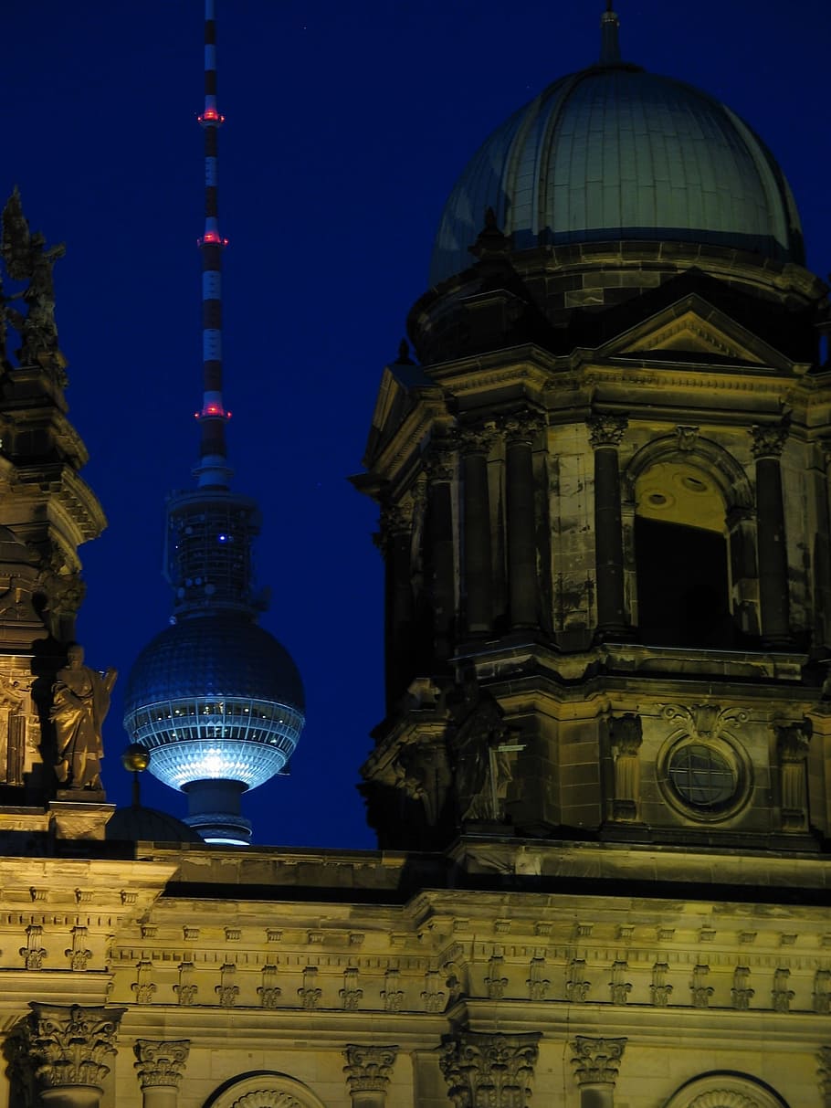 Berlín, Catedral, Noche, Alemania, Europa, Iglesia, Arquitectura, Ciudad, Punto de referencia, Cúpula