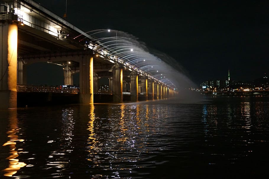 Banpo Bridge, Fountain, Han River, bridge, night, illuminated, reflection, water, architecture, built structure