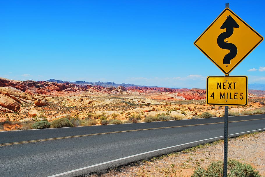 gray, road, sign, road sign, road trip, desert landscape, journey, landscape, scenery, safety